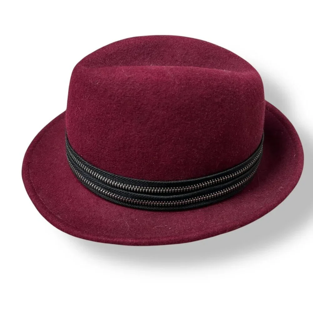 Hatch Womens Hat Burgundy Red Wool Felt with Wrapped Zipper Trim Adjustable OS